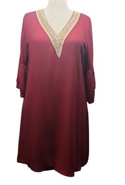 NWT Hotouch Burgundy Trapeze Dress M Crochet Boho Bell Sleeve Flowy Swing